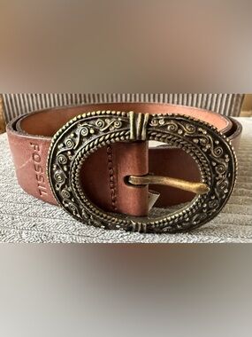 Fossil Brown Leather Belt with Ornate Antique Gold Buckle Rhinestone